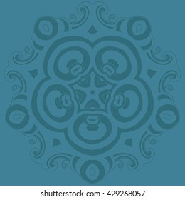 Ornamental round lace pattern, turquoise background with many details, looks like crocheting handmade lace, lacy arabesque designs. Orient traditional ornament and motif.