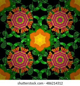 ornamental round lace pattern. Vector seamless texture with mandala. Yellow, green, orange.