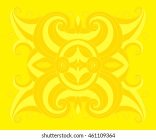 Ornamental round lace pattern, yellow background with many details, looks like crocheting handmade lace, lacy arabesque designs. Orient traditional ornament and motif.