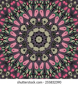 Ornamental round lace tile pattern, circle background with many details, looks like crocheting handmade lace