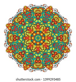 Ornamental round mandala, kaleidoscopic fantasy floral pattern, on white isolated background.Vector illustration.