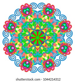 Ornamental round organic pattern, circle colorful  mandala  with many details on white background, can be used for wallpaper, pattern fills, background,surface textures. Happy design Pattern. Arabic, 