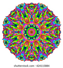 Ornamental round organic pattern, circle colorful  mandala  with many details on white background