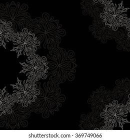 Ornamental round organic pattern on a black background, circle background with many details, can be used for wallpaper, pattern fills, surface textures, round ornamental natural doily pattern, decor.