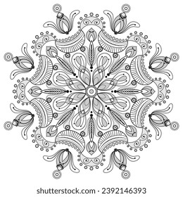 Ornamental round ornament on white background. Black mandala vector illustration. Decorative lace pattern. Floral Indian ornaments for print. Ethnic monochrome ornament.