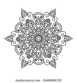 Patrón redondo ornamental. Mandala de contorno negro sobre fondo blanco