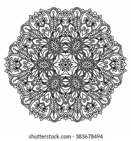 Ornamental round pattern with floral elements for smart modern coloring book for adult, shirt design or tattoo.Tribal zentangle for henna, tattoo, mehndi, mehdi. Hand-drawn zen doodle background.