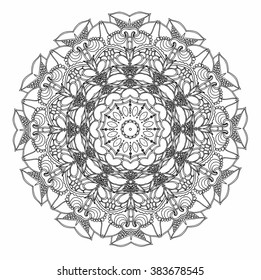 Ornamental round pattern with floral elements for smart modern coloring book for adult, shirt design or tattoo.Tribal zentangle for henna, tattoo, mehndi, mehdi. Hand-drawn zen doodle background.