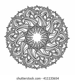 Ornamental round pattern with floral elements for smart modern coloring book for adult, shirt design or tattoo. Henna tattoo doodle vector mandala on white background