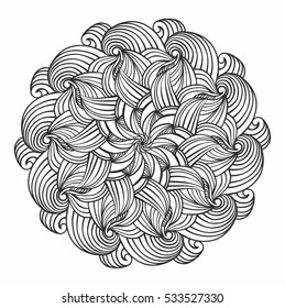 Ornamental round pattern with floral elements for smart modern coloring book for adult, shirt design or tattoo.