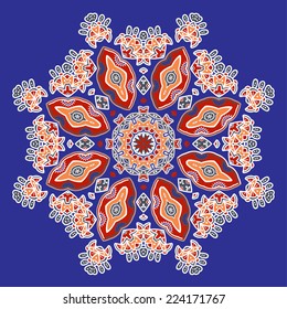 Ornamental round pattern on blue background. Ethnic mandala. Vector art