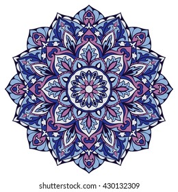 Ornamental round pattern. Oriental decorative element. Vector blue and lilas mandala.