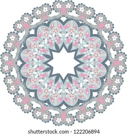 Ornamental round pattern for paisley , circle background with many details, looks like crocheting handmade lace, abstract circular pattern of arabesques (vector illustration).