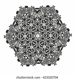 Ornamental round pattern. White and black ornament with floral elements. Mandala pattern. Elegance hand drawn round lace ornament, mandala, zen tangle, vector illustration.