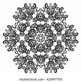 Ornamental round pattern. White and black ornament with floral elements. Mandala pattern. Elegance hand drawn round lace ornament, mandala, zen tangle, vector illustration.