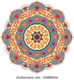 Ornamental round seamless lace pattern. orange yellow blue