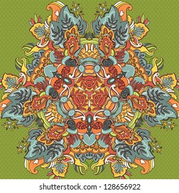 Ornamental round seamless lace pattern. Ornamental floral lace pattern. kaleidoscopic orange green floral pattern