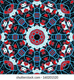 Ornamental round seamless pattern with many details in red and blue