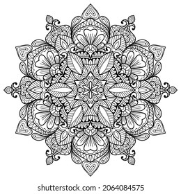 página del libro de colorear de diseño de la mancha dorada redondeada para adultos modelo de ilustración vectorial Vintage, patrón, decorativo, elementos, Henna, Mehndi.