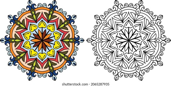 página del libro de colorear de diseño de la mancha dorada redondeada para adultos modelo de ilustración vectorial Vintage, patrón, decorativo, elementos, Henna, Mehndi.