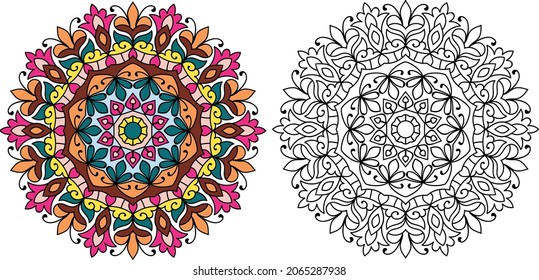 Ornamental rounded mandala zen tangle design colouring book page for adults vector illustration template Vintage, pattern, decorative, elements, Henna, Mehndi.