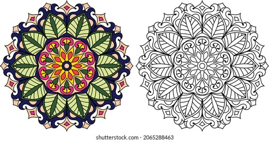 página del libro de colorear de diseño de la mancha dorada redondeada para adultos modelo de ilustración vectorial Vintage, patrón, decorativo, elementos, Henna, Mehndi.