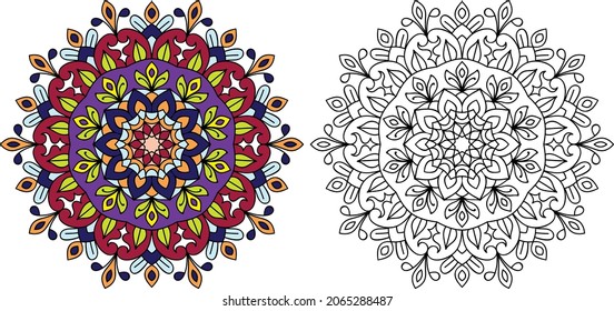 página del libro de colorear de diseño de la mancha dorada redondeada para adultos modelo de ilustración vectorial Vintage, patrón, decorativo, elementos, Henna, Mehndi.