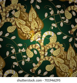 Ornamental royal luxury golden baroque damask vintage. Vector ornamental pattern with gold antique floral medieval decorative, leaves and golden pattern ornaments on green background.