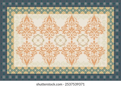 Ornamental rug design with intricate damask patterns in beige, teal, and gold tones, perfect for traditional interior decor, home furnishing, textile design, or digital art.