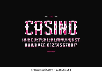 Ornamental sans serif font in gambling style. Letters and numbers for gamble, alcohol, cinema logo and emblem design. Color print on black background