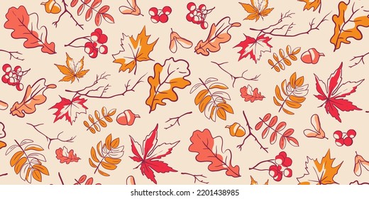 Ornamental seamless autumn pattern. Cozy texture with leaves is perfect for fabric design, background, wrapping paper, postcards and packaging