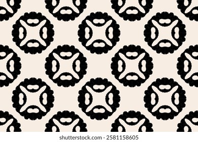 Ornamental seamless background. Ikat geometric boho pattern with simple floral shapes, and circles. Abstract monochrome black-white texture, repeat tiles. Design for decor, fabric, textile, web