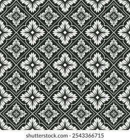 Ornamental seamless black damask floral pattern for luxury interiors and decor. Elegant baroque inspired vintage design perfect for wallpapers, textiles, backgrounds, and sophisticated projects