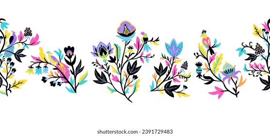 Ornamental seamless border with stylized ornate floral elements and fantasy birds. Vector illustration