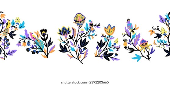 Ornamental seamless border with stylized ornate floral elements and fantasy birds. Vector illustration