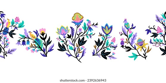 Ornamental seamless border with stylized ornate floral elements and fantasy birds. Vector illustration