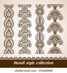 Ornamental seamless borders. Vector set with abstract floral elements in indian style. Mendi collection