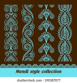 Ornamental seamless borders. Vector set with abstract floral elements in indian style. Mendi collection