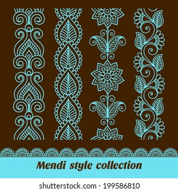 Ornamental seamless borders. Vector set with abstract floral elements in indian style. Mendi collection