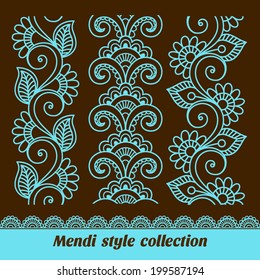 Ornamental seamless borders. Vector set with abstract floral elements in indian style. Mendi collection