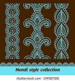Ornamental seamless borders. Vector set with abstract floral elements in indian style. Mendi collection