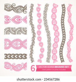 Ornamental seamless borders. Vector set with abstract floral elements in indian style. Henna collection. Used pattern brushes included