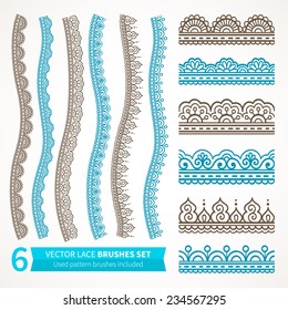 Ornamental seamless borders. Vector set with abstract floral elements in indian style. Henna collection. Used pattern brushes included