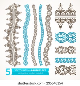 Ornamental seamless borders. Vector set with abstract floral elements in indian style. Henna collection. Used pattern brushes included