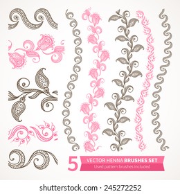 Ornamental seamless borders. Vector set with abstract floral elements in indian style. Henna collection. Used pattern brushes included