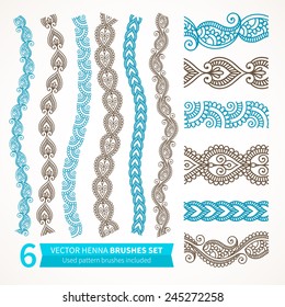 Ornamental seamless borders. Vector set with abstract floral elements in indian style. Henna collection. Used pattern brushes included