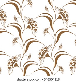 Ornamental seamless brown vertical pattern in henna mehndi style. Vector illustration isolated on white background