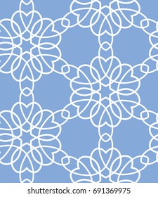 Ornamental seamless design. White lines on a light blue background. Abstract floral pattern.