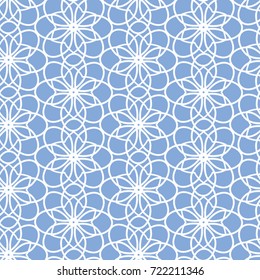 Ornamental seamless design. White lines on a light blue background. Abstract floral pattern. Vector illustration.