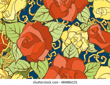 Ornamental seamless ethnic colorful pattern with roses. Floral background can be used for wallpaper, pattern fills, textile, fabric, wrapping, surface textures.
